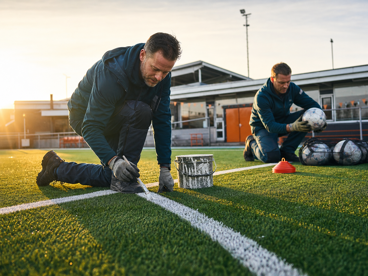 Vrijwilligers onderhouden het voetbalveld en materiaal